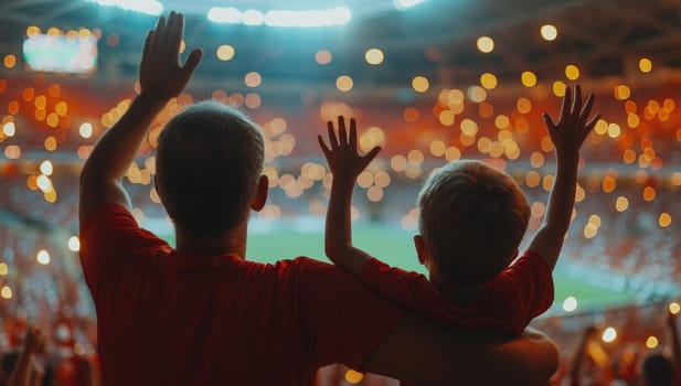 Back view of father and son cheering at football stadium during the match