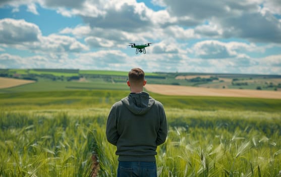 A serene scene unfolds as a man pilots a drone over lush green fields, a testament to the peaceful coexistence of technology and nature.