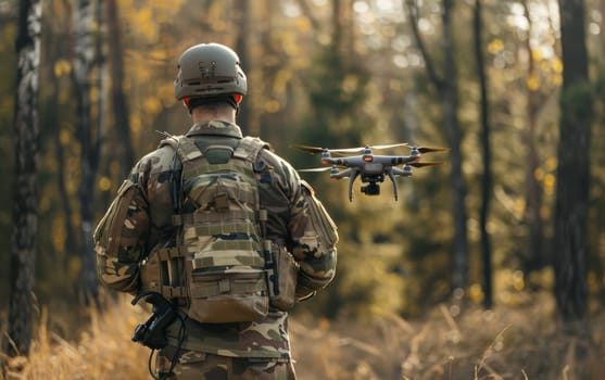 A fully equipped soldier observes a hovering drone in a barren field, illustrating the melding of military strategy and advanced technology. A moment of tactical surveillance in a natural landscape