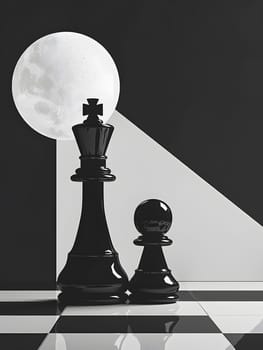 A monochrome photo featuring two black chess pieces on a chess board, showcasing symmetry and contrast between darkness and light tints