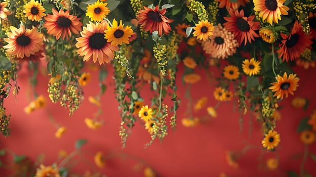 A collection of sunflowers gracefully dangles from the ceiling, creating a stunning floral art installation. The vibrant petals and intricate patterns mesmerize all who gaze upon them