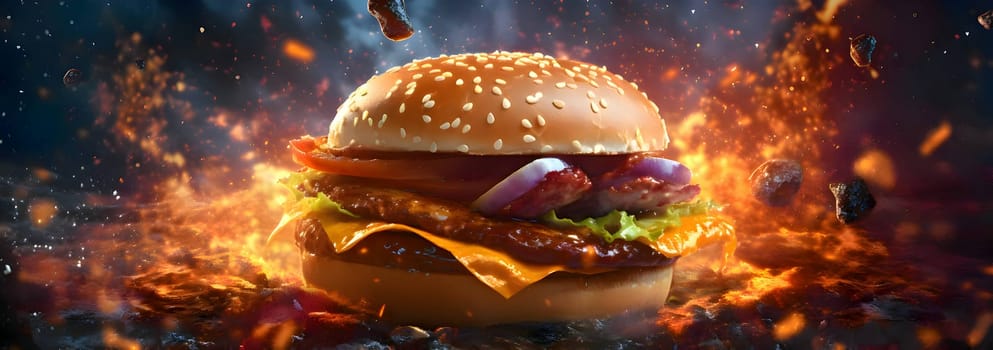 A tantalizing hamburger takes center stage against a fiery backdrop, enticing with its mouthwatering appeal.