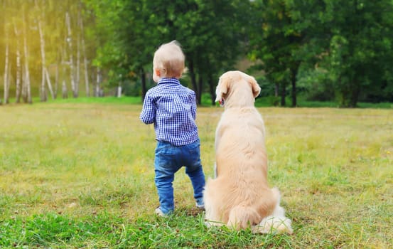 Child and Golden Retriever dog obedient sitting together in summer park, back view