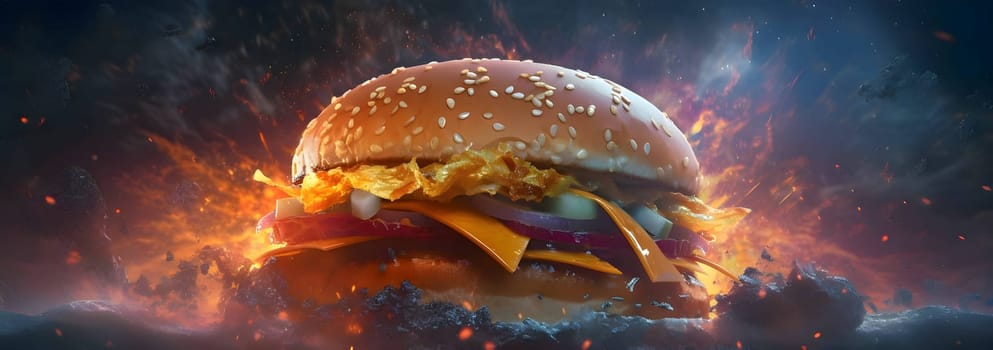 A tantalizing hamburger takes center stage against a fiery backdrop, enticing with its mouthwatering appeal.