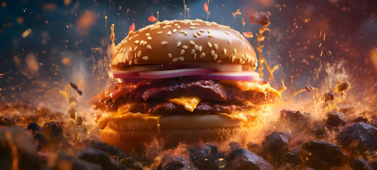 A tantalizing hamburger takes center stage against a fiery backdrop, enticing with its mouthwatering appeal.