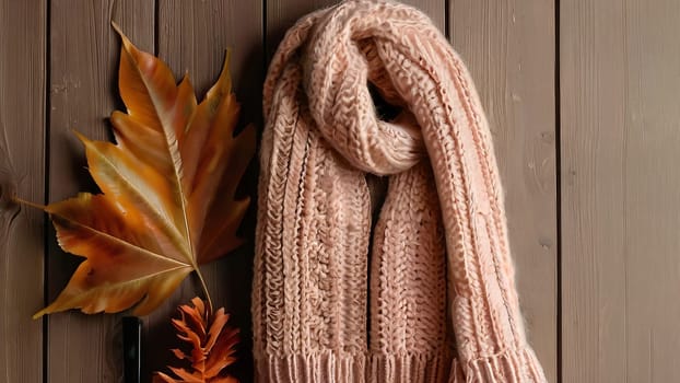 Cozy autumn vibes: knitted scarf, wool hat, and fall leaves on wooden background.