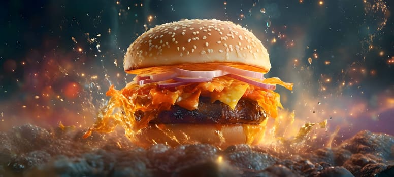 A tantalizing hamburger takes center stage against a fiery backdrop, enticing with its mouthwatering appeal.