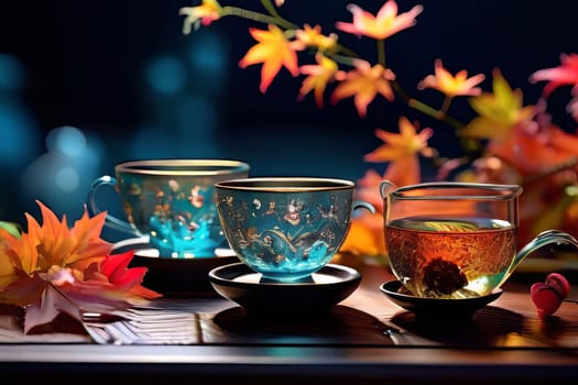 Vibrant Tea Ritual: A captivating display of colorful tea cups, scattered loose leaves, and a lively backdrop, evoking a sense of joy and relaxation.