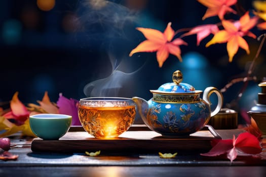 Colorful Tea Delight: Exquisite tea arrangement with a variety of cups and loose leaves on a vibrant backdrop, creating a feast for the eyes.