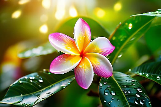 Close-up of vibrant pink plumeria flower with white and yellow inner petals, adorned with raindrops. Blurred green leaves create a dreamy atmosphere, perfect for tropical designs.