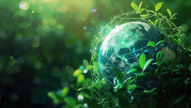 Digital Earth Surrounded by Lush Green Foliage Under Bokeh Lights