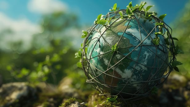 Globe with green leaves on nature background. Earth day concept.