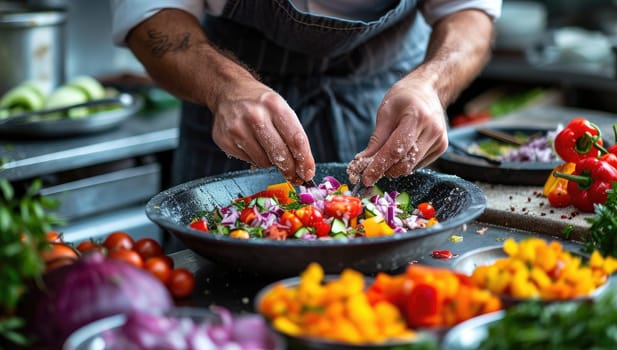 Chef skillfully preparing vibrant vegetable salad