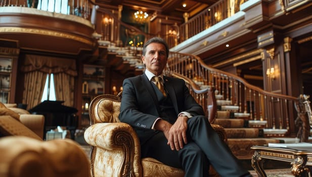 Mature man in elegant suit seated in luxury hotel lobby