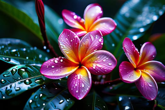 A vibrant pink plumeria flower with dew drops on delicate petals against a dark blue backdrop. The colors pop, creating a captivating contrast with a touch of natural beauty.