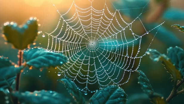 Spider web with dew drops in the morning. Nature background.
