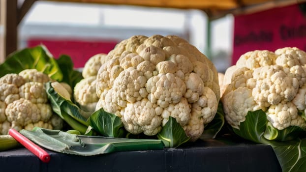 Organic fresh cauliflower display at vibrant local farmer's market.