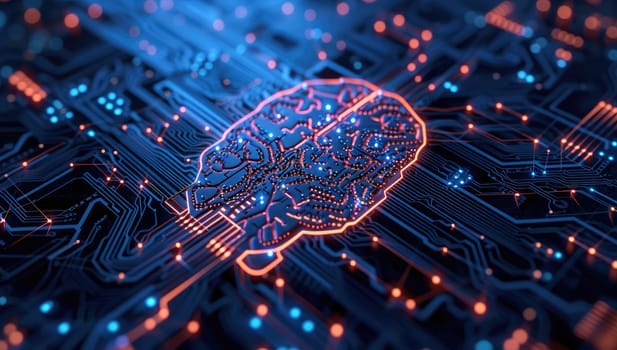 human brain on circuit board background. Artificial intelligence concept