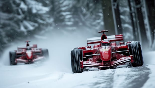 Red race cars driving on snowy forest road