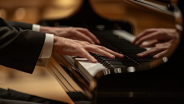 Hands of pianist playing on grand piano, close-up