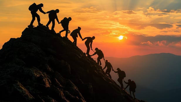 Silhouette of a group of climbers climbing on the top of a mountain