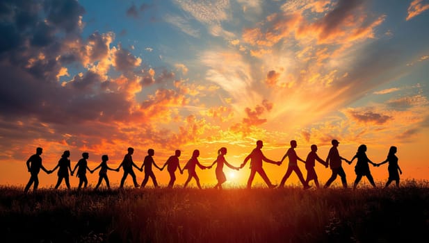 Silhouette of a group of young people holding hands at sunset