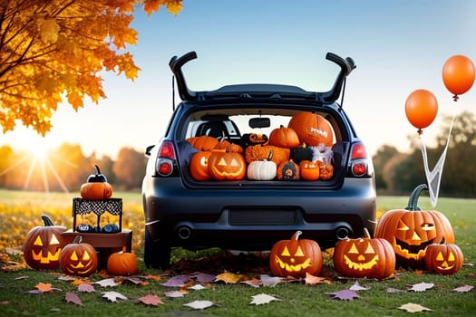 A large car decorated for Halloween with cobwebs, pumpkins, orange balloons and sweets. The concept of a creative outdoor event in autumn.
