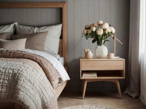 Nightstand with lamp and flowers in the bedroom. Home interior in Scandinavian style.