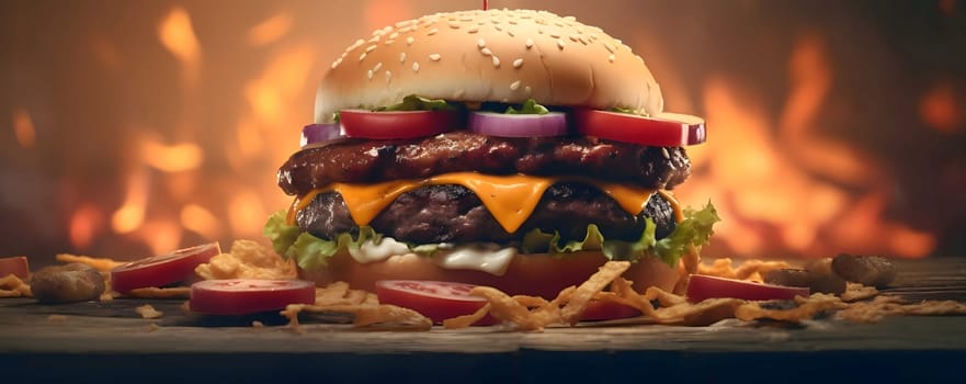 Hamburger, cheeseburger, chicken burger, burger with lettuce, cheese, bacon, pickle, tomato, sauce, onion. Wooden top, blurred flames of fire in the background. Tasty.