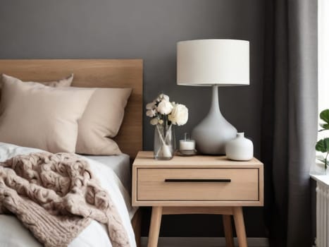 A cozy nightstand with a stylish lamp and fresh flowers, adding charm to the bedroom. Minimalist Scandinavian home interior design