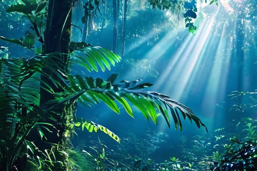 Enchanting sunbeams piercing through lush tropical rainforest canopy