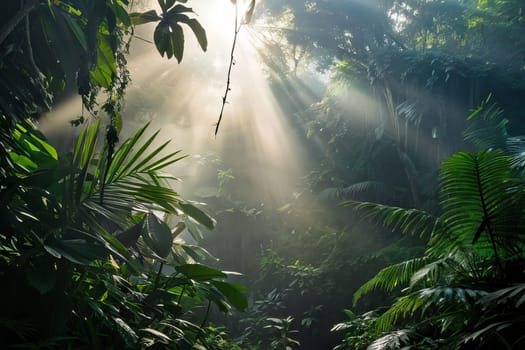 Enchanting sunbeams piercing through lush tropical rainforest canopy
