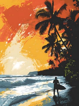 A breathtaking painting showcasing a surfer riding the waves at sunset, with a vibrant sky, tranquil water, and a picturesque natural landscape