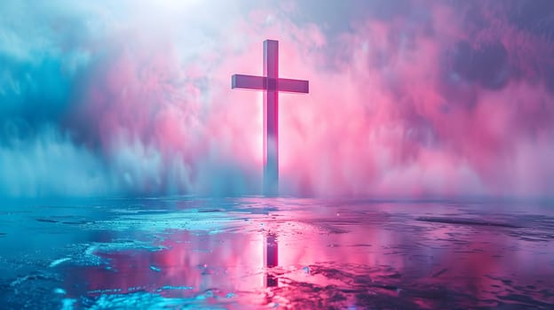 A cross is illuminated by pink hues in the sky, reflecting in the calm water below. The atmospheric phenomenon creates a serene and artistic natural landscape