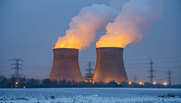 The two cooling towers of the nuclear power plant release water vapor into the sky, a result of the advanced technology used to produce electricity while minimizing pollution
