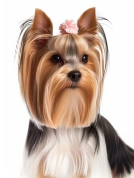 Cute Yorkshire Terrier with a pink bow isolated on white background