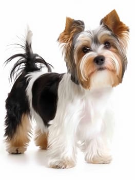 Tricolor Yorkshire Terrier standing with a lively posture on a white background
