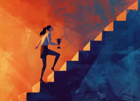 Stylized illustration of a woman on stairs with a trophy, symbolizing achievement