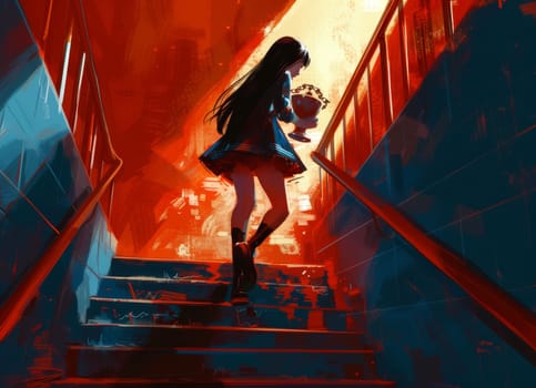 Vibrant red-toned illustration of a girl racing up a staircase with a trophy