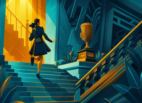 Vibrant red-toned illustration of a girl racing up a staircase with a trophy