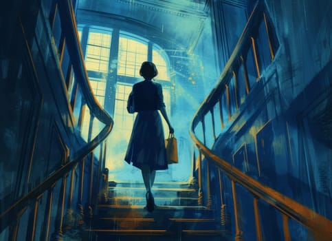 Atmospheric illustration of a woman ascending a grand staircase with light pouring through windows