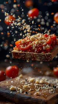 A staple food item, a slice of bread topped with tomatoes and cheese, is seen falling on a wooden cutting board, ready to be enjoyed as a delicious dish