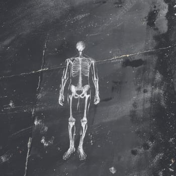White chalk drawing of a human skeleton on dark asphalt surface