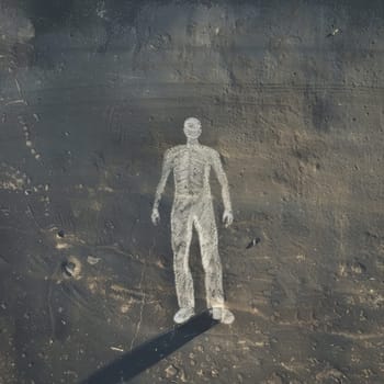 A detailed chalk outline of a human figure on a weathered asphalt street