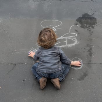 Toddler squatting on pavement, drawing with chalk, creative outdoor activity