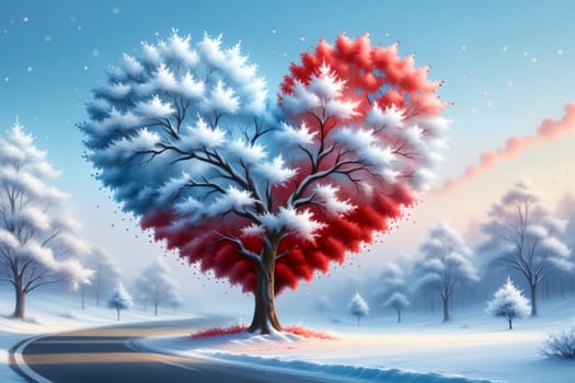 Red heart-shaped tree by the road. Valentine background. Love. Valentine's Day greeting card .