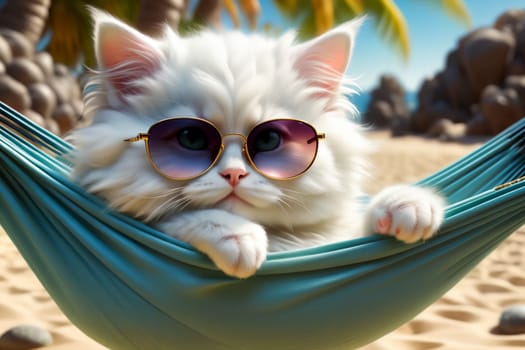 cute kitten in sunglasses resting in a hammock .