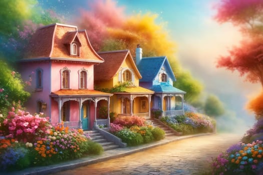 colored houses on the street along the road, in light pastel colors .