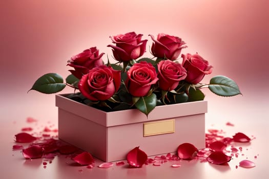 box with beautiful red roses .