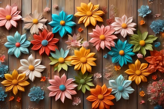 abstract wooden background with colorful flowers .